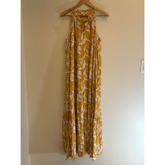 NINE WEST Maxi Dress | Yellow White Ruffled Tiered Halter Sleeveless | LARGE - Picture 3 of 8